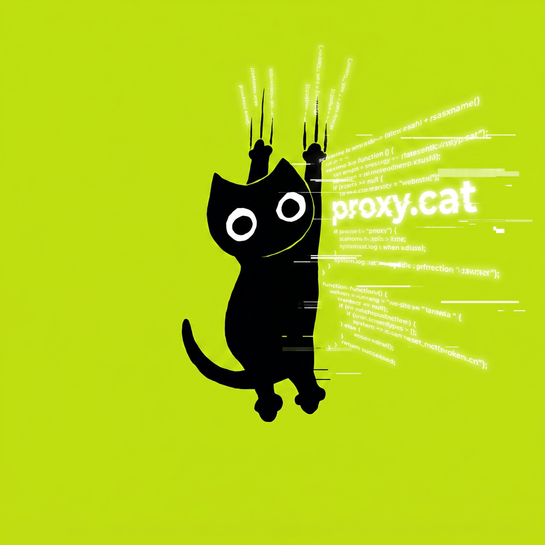 proxy.cat — a black cat clawing at glowing code
